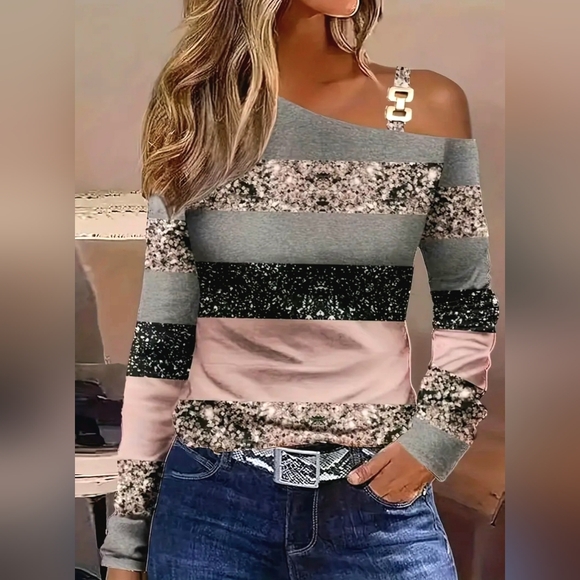 🟣 Womens Colorblock Pink Grey Black Chain Detail Off Shoulder Casual Top - Picture 1 of 7